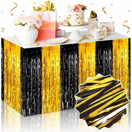 3 Pack Black and Gold Tinsel Table Skirts