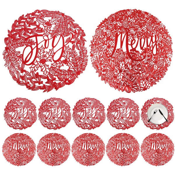 Red Christmas Placemats Set of 12,Joy Merry Christmas Round Placemat