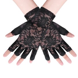 CCINEE Women's Gloves, UV Protection, Lace, Short, Anti-Slip, UV Protection, Sunscreen, Weddings, Outdoors, Driving, Spring and Summer, fingertip black