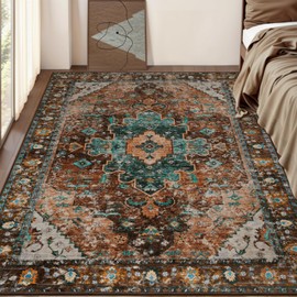 Ciicool Boho Machine Washable Area Rug, 4x6 Rugs for Living Room Non-Slip Bedroom Rug Vintage Rug Ultra-Thin Throw Distressed Large Low-Pile Carpet for Dining Room Office