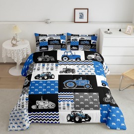 Farm Truck Comforter Set,Cartoon Car Bedding Set for Kids Girls Women,Adults Blue Gray White Comforter,Geometric Grid Quilted Duvet Set Bedroom Collection Twin Size 2Pcs