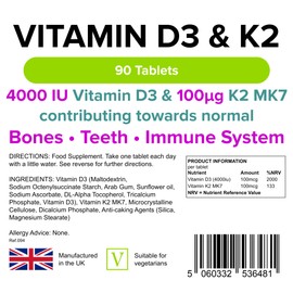Lindens Vitamin D3 4000IU & MK7 K2 | 90 Tablets | UK Made | Immune Health, Bones, Teeth, Muscle, Blood Calcium Absorption | High Strength Vitamin D & K2 Supplement | 3 Months Supply | Vegetarian