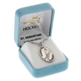 Men's Sterling Silver Oval Saint Sebastian Ice Hockey Medal + 24 Inch Sterling Silver Chain & Clasp| USA Made
