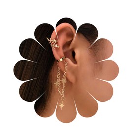 Yheakne Boho Star Cuff Chain Earrings Gold Northstar Wrap Chain Earrings Star Cartilage Chain Earrings Chain Tassel Dangle Earrings Long Chain Drop Earrings Jewellery for Women and Girls