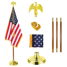 Presidential Indoor Flag Pole - Wooden 8FT Flagpole with Base, 3x5 USA Flag-Heavy Duty Water Resistant Polyester Canvas Embroidered Stars, Eagle Topper, Yellow pendant , for Office School City Hall.