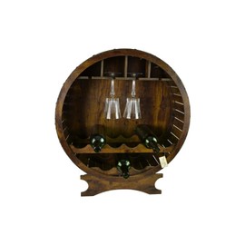 Unbranded 10 Bottle Wooden Barrel Wine and Glass Rack