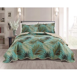 Masterplay 3-Piece Fine Printed Tropical Palm Leaves Oversize (100" X 95") Quilt Set, Bedspread Coverlet Queen Size Bed Cover (Sage, Aqua, Brown, Khaki)