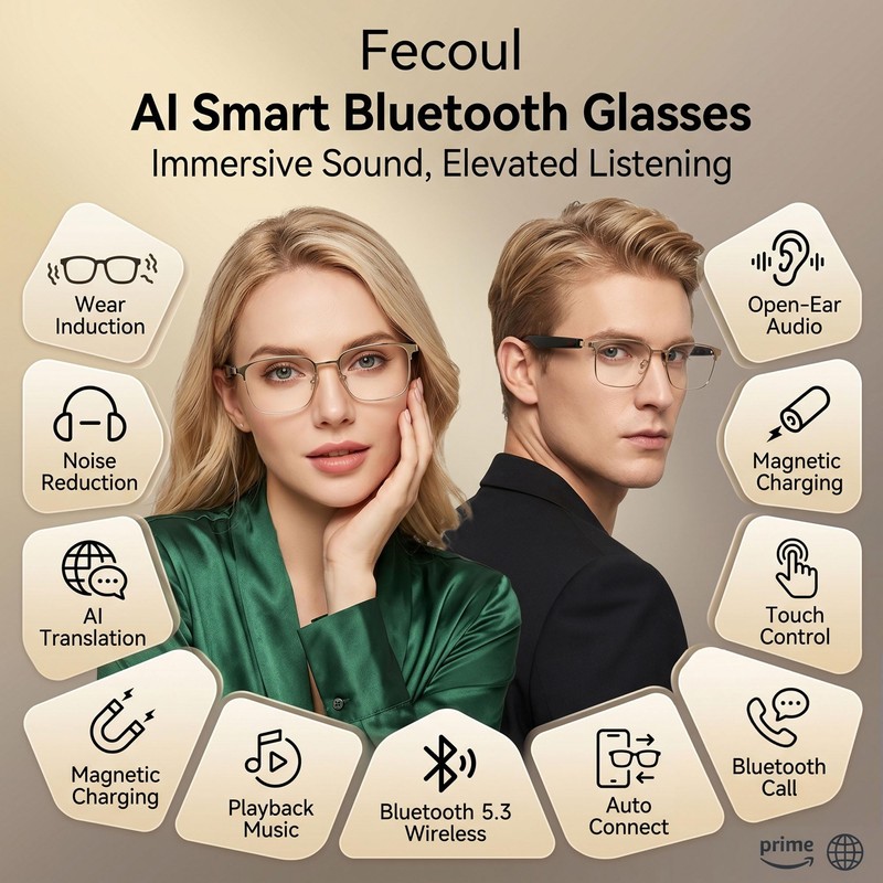 Fecoul Smart AI Glasses with 164 Languages Translator, Photochromic, Gold