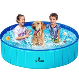 SLOOSH Foldable Dog Kiddie Pool - Portable Hard Plastic Doggie Swimming Pool, Anti-Slip Collapsible Pets Bath Tub Suitable for Kids Toddler Indoor Outdoor Backyard Use (Blue, 63" x 12")