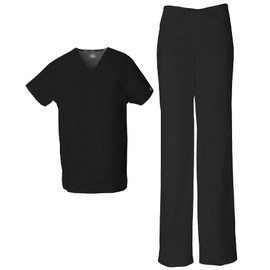 Dickies Scrub Set for Men & Women 3 Pockets, V-Neck Top 83706 and Natural Rise Drawstring Pant for Healthcare Heros 83006, Black-XL Top/L Pant