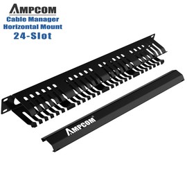 AMPCOM 1U Cable Management Horizontal Mount 19 inch Server Rack with Mounting Screws, 24 Slot Metal Finger Duct Wire Organizer with Cover