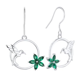 YL 925 Sterling Silver Hummingbird Hook Earrings Created Emerald Flower Dangle Drop Earrings for Women