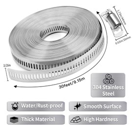 WSWECCL Hose Clamps 30FT Strap+30 Fasteners,DIY Cut-To-Fit 304 Stainless Steel Adjustable Large Worm Gear Band Clamp Assortment Kit,Metal Screw Fasteners and Strapping for Pipe,Duct,Pole,Tube