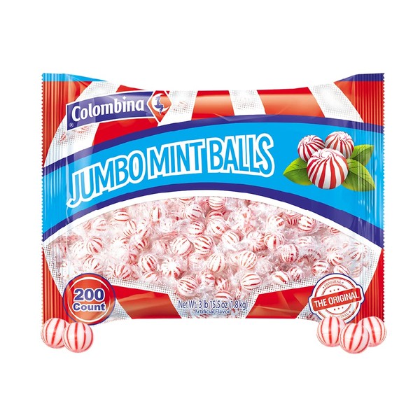 Colombina Jumbo Peppermint Balls - Red & White Hard Candy Delights, Individually Wrapped Mints, Bulk Bag of 200 Pieces, 4 Lbs. (Single Pack)