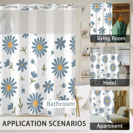 Xiazhilaio No Hook Shower Curtain with Snap in Fabric Liner, Watercolor Floral Shower Curtains for Bathroom with See Through Top Window, Waterproof Washable Bathroom Curtain Set, 71Wx71H, White