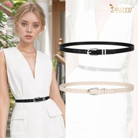 JASGOOD 2 Pack Women Skinny PU Leather Belt Ladies Thin Leather Plus Size Waist Belt for Jeans Dress with Silver Buckle,Black+Beige