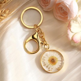 MUCOOS Preserved flower keychain, glue dried flower keychain, thank you gift for colleagues, gift for family, fashionable bag decoration, gold metal frame