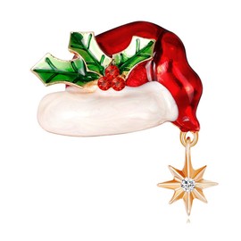 Rhinestone Red Green Christmas Hat Brooch Pin for Women Men Unisex Gold-Toned Fashion Crystal Star Charms Drop Brooches Lapel Pins Suit Collar Dress Accessories Funny Holiday Xmas Jewelry