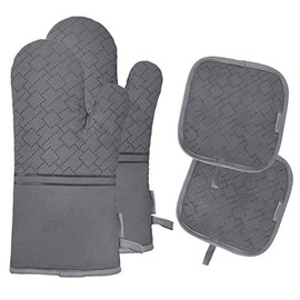 Oven Mitts and Pot Holders Set 4Pcs, Oven Mitt 572F Heat Resistant for Kitchen, Soft Cotton Lining Oven Gloves with Non-Slip Silicone Surface for Cooking Baking Grilling(Grey)