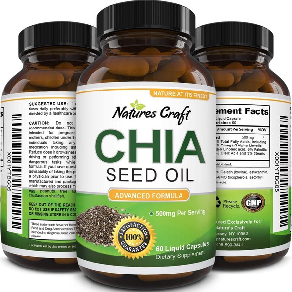 Pure Chia Seed Extract Capsules - Potent Supplement for Sleep - Skin and Hair Health - Vitamins Omega 3 Fatty Acids Protein Soluble Fiber for Men and Women