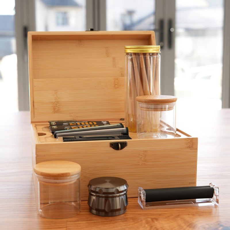 Coozyupper Large Bamboo Storage Box with Removable Tray Kit -