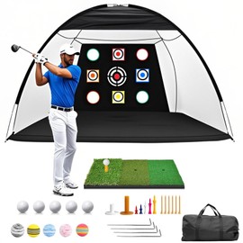 Golf Practice Net, 10x7FT Golf Net with Tri-Turf Mat & 10 Balls, Hitting Aid Nets for Backyard Driving Chipping Training Swing with Target Mat Balls for Outdoor Indoor, Gifts for Men/Dad/Him