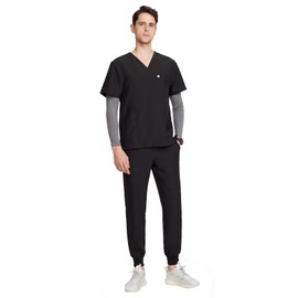 Uniforms World Louis Scrubs Set for Men — Classic V-Neck Stretch Top & Jogger Pants Yoga Waistband, 8 Pockets, Anti-Wrinkle