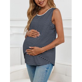 Tankaneo Womens Cross Front Maternity Tank Tops Breastfeeding Round Neck Striped Sleeveless Shirts Summer Pregnancy Clothes Navy