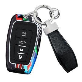HIBEYO 4 Button Key Fob Cover Compatible with Toyota RAV4 Corolla CHR C-HR Camry Corolla Prado Prius Accessories Metal Painted Sports Style Key Shell with Leather Keychains-4 Button Black