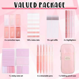 29 Pcs Back to School Stationery Kit Pink School Supplies with Pen Case Sticky Notes Index Tabs Gel Pens Highlighters Correction Tapes Office Supplies Classroom prizes Back to School Gifts