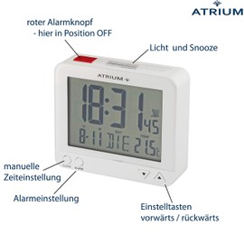 Atrium Funkwecker Digital Quarz sensorgesteuertes Nachtlicht Beleuchtung mit Obenabsteller Datum und Temperatur Anzeige Weiß A760-0