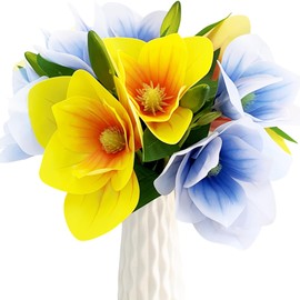 cosybeau Artificial Magnolia Flowers (Not Included Vase), 12Heads Short Magnolia Stems Realistic Soft Plastic Flower for Wedding Bouquet, Home,Hotel Decor (6, 3yellow+3blue)