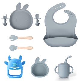 9 Stück Baby Geschirrset,Silikon Kinderteller mit Saugnapf,Kindergeschirr Set mit Baby Lätzchen Beißring Trinkbecher Schüssel Löffel Gabeln (Blau)