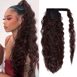 Corn Wave Ponytail Extension Clip in - 22 Inch Long Wavy Curly Wrap Around Pony Tail Heat Resistant Synthetic Hairpiece for Women (Black Mixed Auburn Brown #2-33)