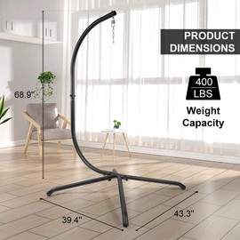 Elevon Hammock Chair Stand Only, Hanging Hammock Swing Stand for Outside with Buckle and Spring Hook, 400lb Capacity Heavy Duty Steel C-Stand with Stable Base for Egg Chair Outdoor Indoor (Black)