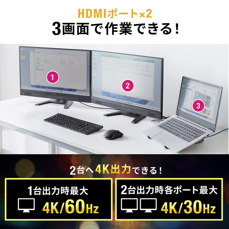 Sanwa Direct Type-C Docking Station, 2 Screens, 4K HDMI, Stand,
