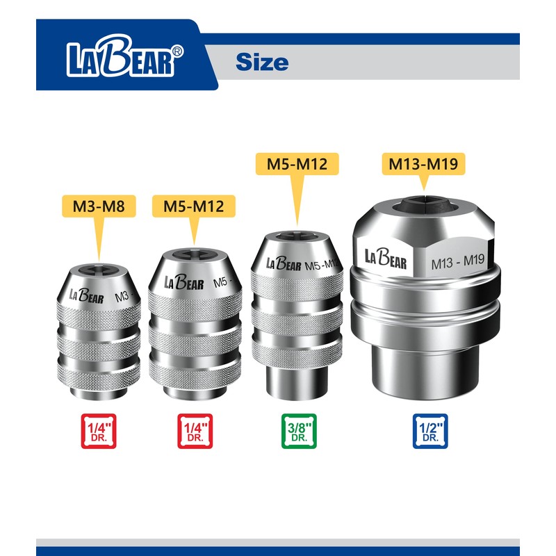 LABEAR 3/8"DR x M5 ~ M12 Interchangeable Adjustable Tap Chuck