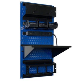 Wall Control Power Tool Storage Organizer Kit Cordless Drill Holder Charging Station Rack 16” x 32” Metal Pegboard Organization System (Blue Pegboard)