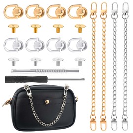4 Pcs Purse Chain Strap 10 Inch Purse Chain and 8 Pcs Studs Rivets D Ring Flat Purse Strap Extender Shoulder Cross Body Replacement Straps with Post Head Buttons and Hole Punch (Gold, Silver)