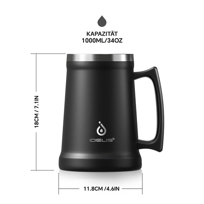 Ideus® Boccale di birra isolato con manico, 1000 ml, in