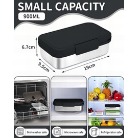 Bugucat Children's Lunch Box Stainless Steel Lunch Box 900 ml, Leak-Proof Lunch Box Children's Lunch Box with Divider, Bento Box for Girls, Snack Box, Breakfast Box, Nursery for Nursery, Black