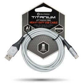 Celltronix Titanium 6FT Fast Charging Tangle Free Heavy Duty USB toType-C Cable. Built to Last! Includes Sync+Charge & Aluminum Tips for Optimum Connectivity - Silver