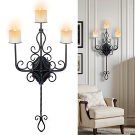 Large Wall Sconce Candle Holder，3 Iron Candelabra,Gothic Victorian Metal Wall Decor，Oversized Wall Candle Sconces，Retro Black Wall Sconces for Home,Living Room, Bathroom, Dining Room，Set of 1