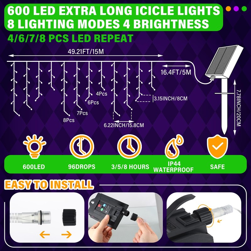 65ft Green Yellow Purple Mardi Gras Light Solar Icicle Light