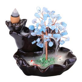 Top Plaza Backflow Incense Burner, Waterfall Burner Crystal Tree Ceramic Stick Incense Holder Burner for Meditation Yoga, Gemstone Incense Holder Aromatherapy Home Decoration-Aquamarine