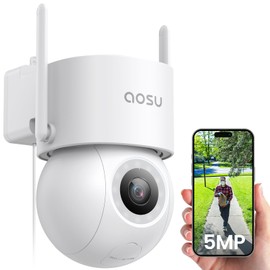 AOSU 3K 5MP Outdoor Surveillance Camera, Cable WLAN Camera, Outdoor Surveillance with 400 lm Spotlight, Full Colour Night Vision, 360° PTZ View, IP Camera Outdoor, 24/7 Recording, Vehicle Protection