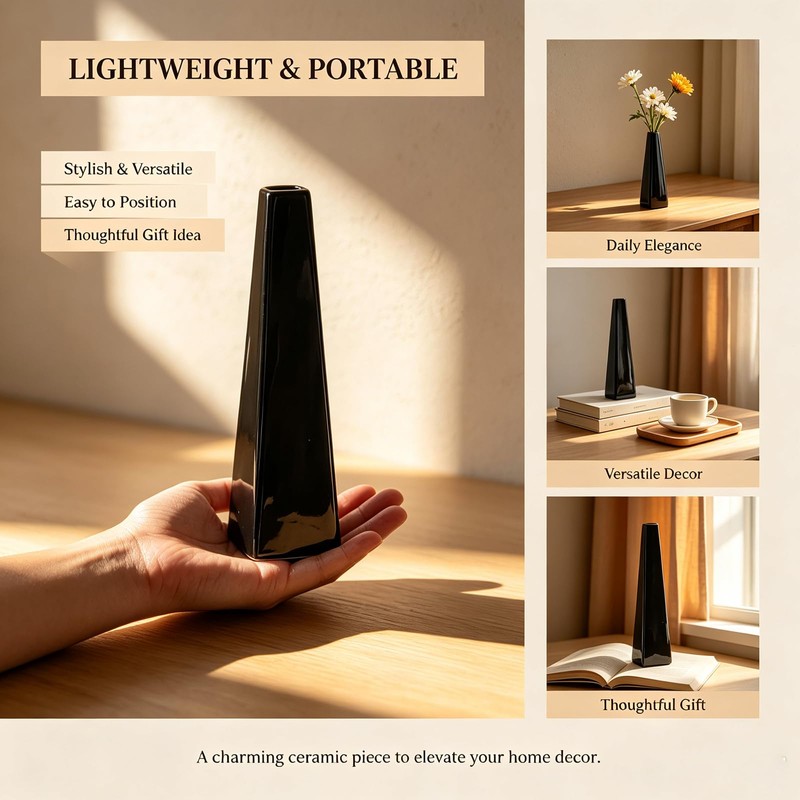 Small Glossy Black Square Ceramic Bud Vase