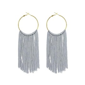 Boho Long Tassel Dangle Earrings for Women Lightweight Circle Hoop Silky Thread Fringe Drop Statemen Earrings-grey