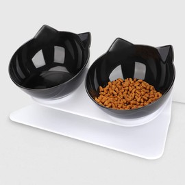 Leo's Paw Anti-Vomiting Orthopedic Cat Bowl Elevated 15° Tilted Cat Food and Water Bowls for Better Digestion Raised Stand with Non-Slip Bottom Detachable Feeding Bowl (Double Black)