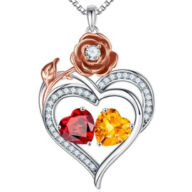Iefil Valentine's Day Gifts for Her Women Wife - Heart Necklace January November Birthstone Necklace Jewelry, Anniversary Birthday Gifts for Women Her Wife, Red Garnet Necklace Yellow Citrine Necklace
